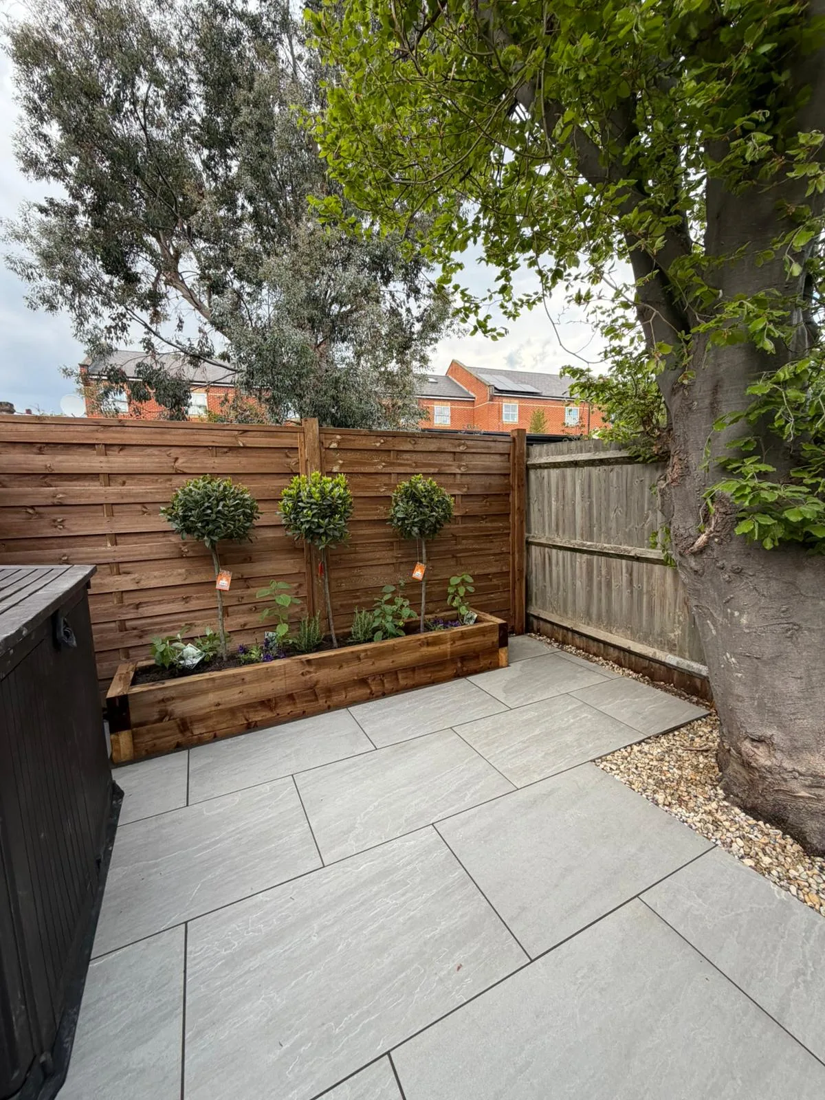 Close up of raised sleeper bed with standard bay trees Battersea SW11