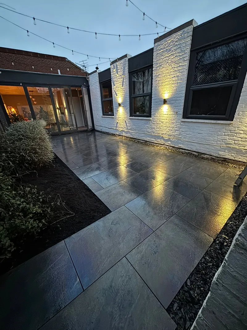 Premium porcelain patio with garden lighting in London
